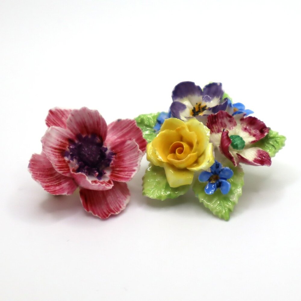 Vintage Bone China Floral Pins Made in England Anemone Rose Pansy Cornflower